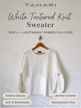 Tahari White Textured Knit Sweater Size L Lightweight Ribbed Pullover